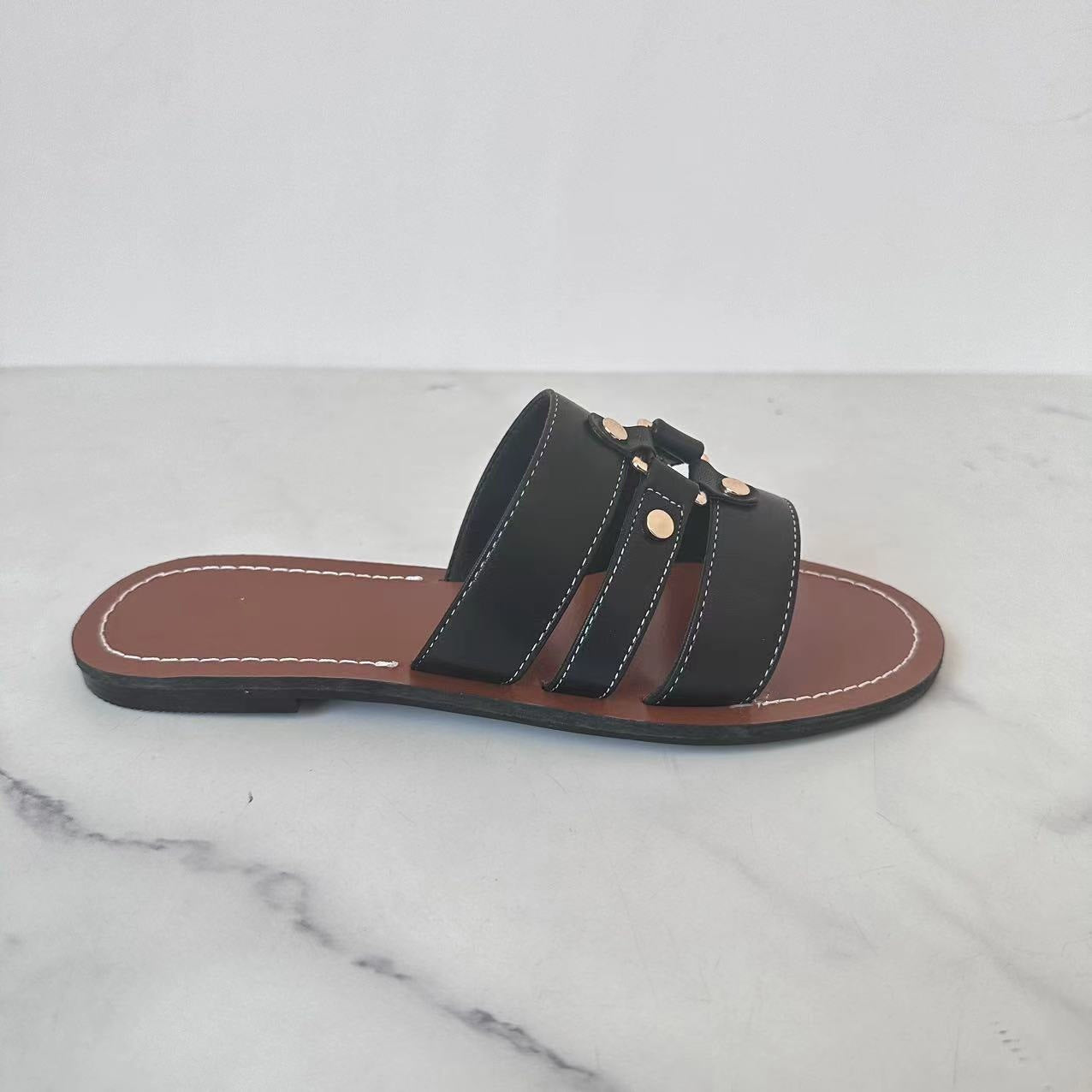 Women's New Fashion Joker Leather Lace Breathable Casual Round-headed Flat Sandals