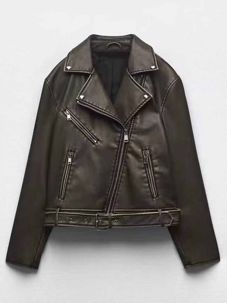 Women's 2025 new Fashion belt decoration casual versatile imitation leather jacket coat retro long sleeved zipper pocket women's coat chic top