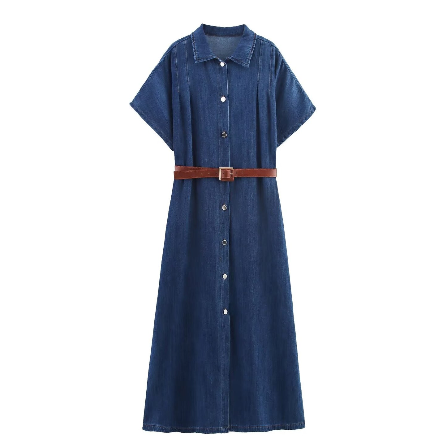 women's New Fashion with Belt short sleeved denim MIDI dress