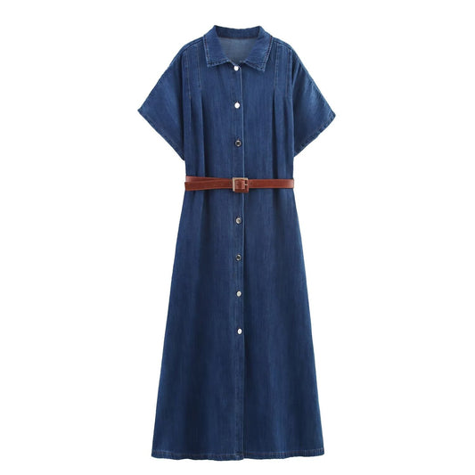 women's New Fashion with Belt short sleeved denim MIDI dress