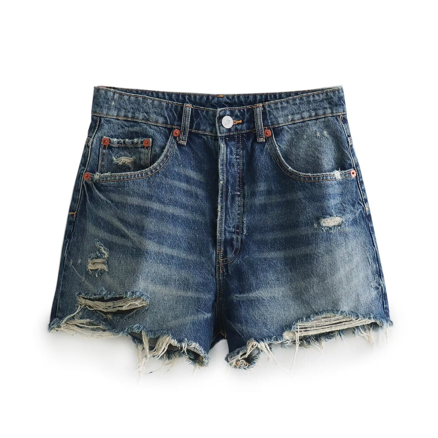 Ladies' new fashion Broken hole decoration casual side pocket high waisted denim shorts