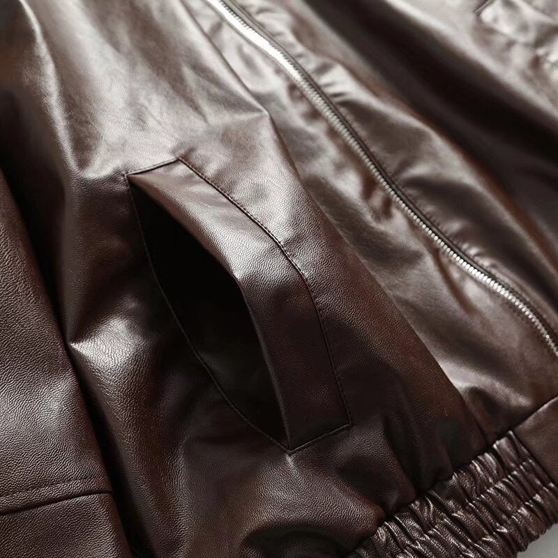 Women's new fashion casual lapel faux leather flight jacket Coat