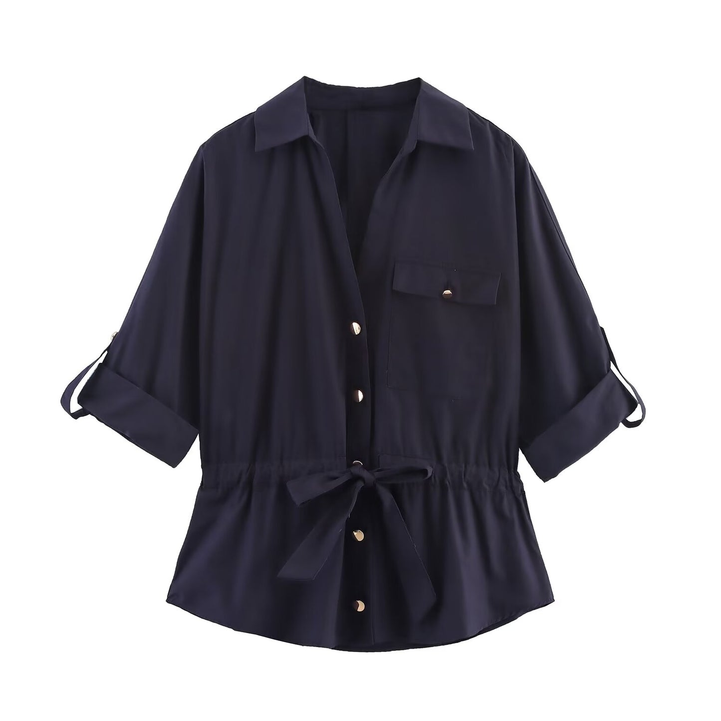 Women's New Fashion With Belt Casual Single breasted Poplin Shirt