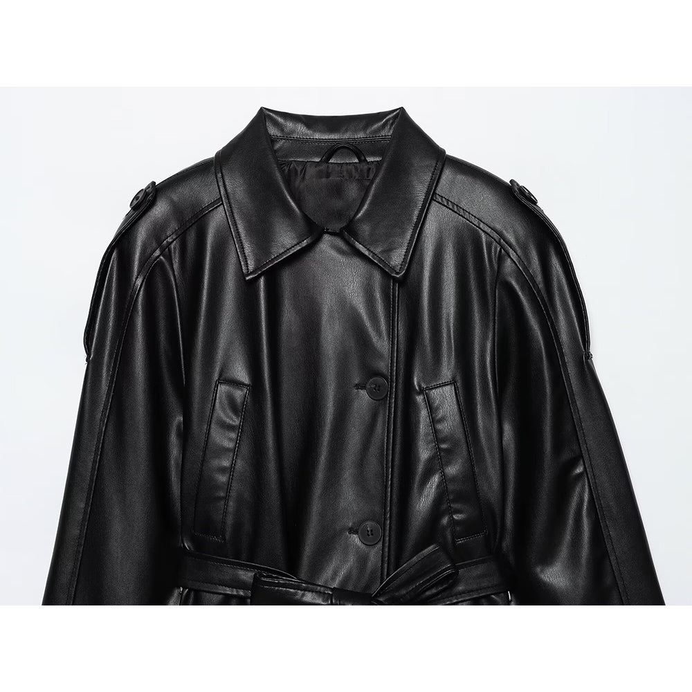 Women's new fashion with Belt short Faux Leather windbreaker Coat