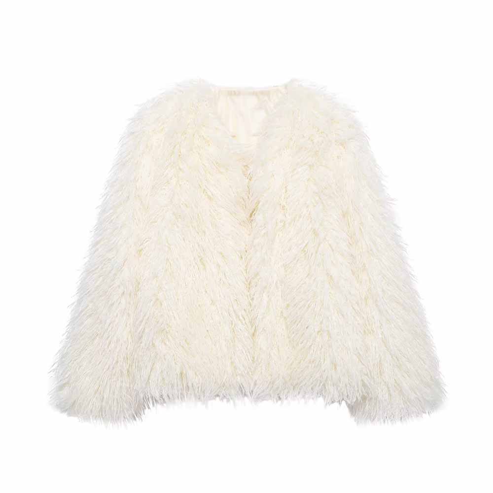 Women's winter Fashion loose faux fur effect warm V Neck Blended Coat retro long sleeved button up women's Coat Chic top