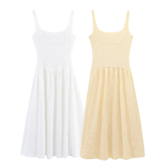 Women's new fashion texture sleeveless wide shoulder strap MIDI dress