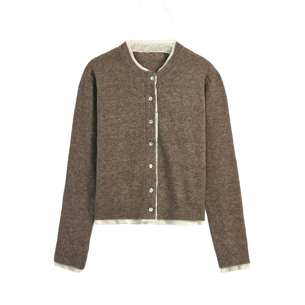 Women's new fashion O Neck long sleeved contrasting knitted cardigan