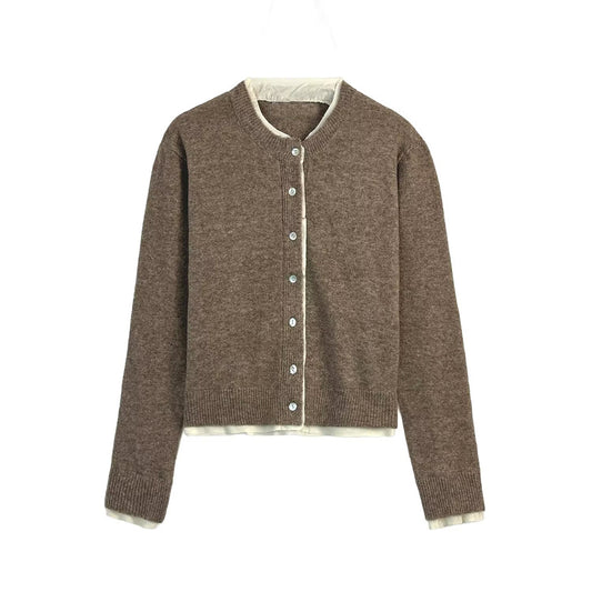 Women's new fashion O Neck long sleeved contrasting knitted cardigan