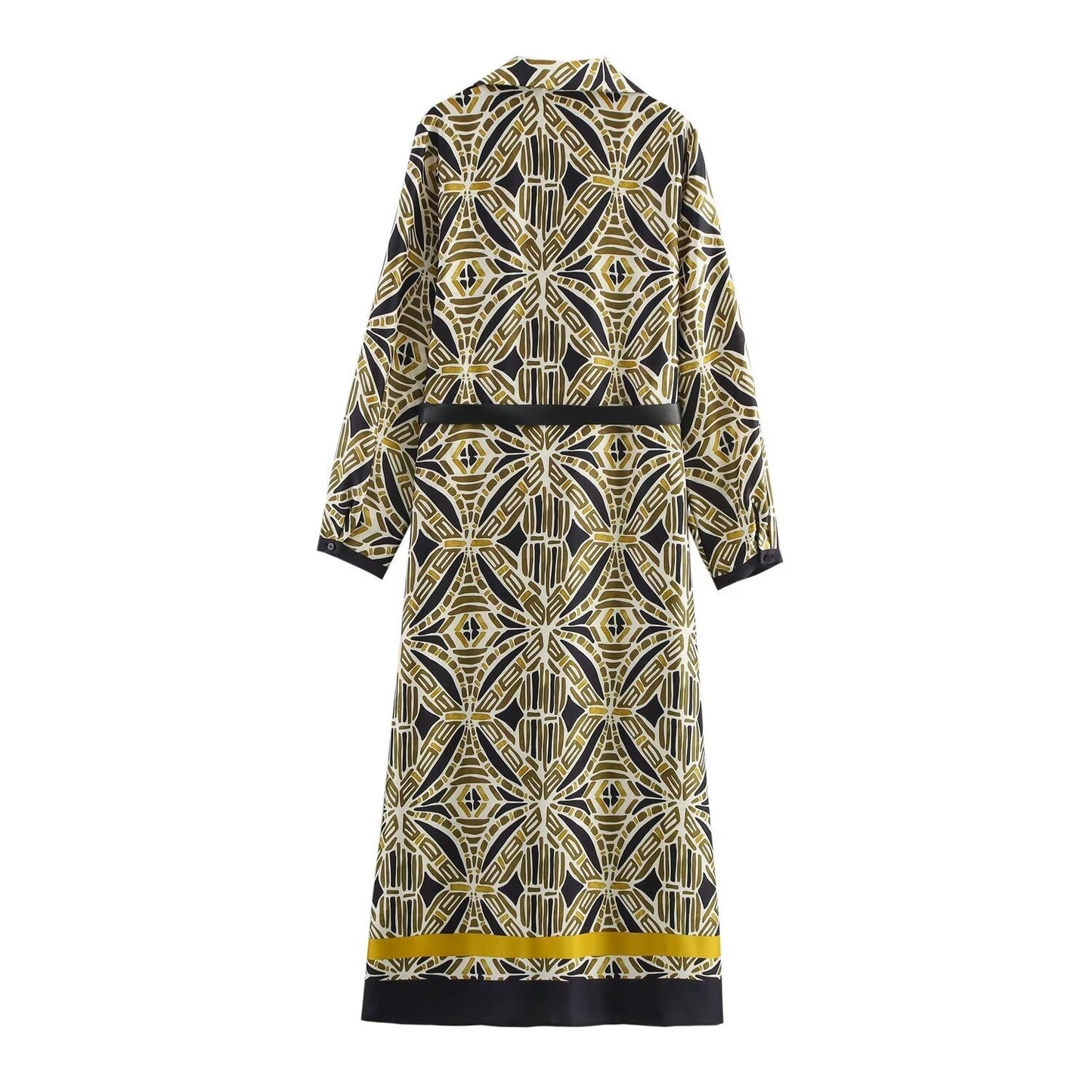 Women's new Chic Fashion belt decoration loose single breasted printed MIDI dress retro lapel long sleeved women's dress Mujer