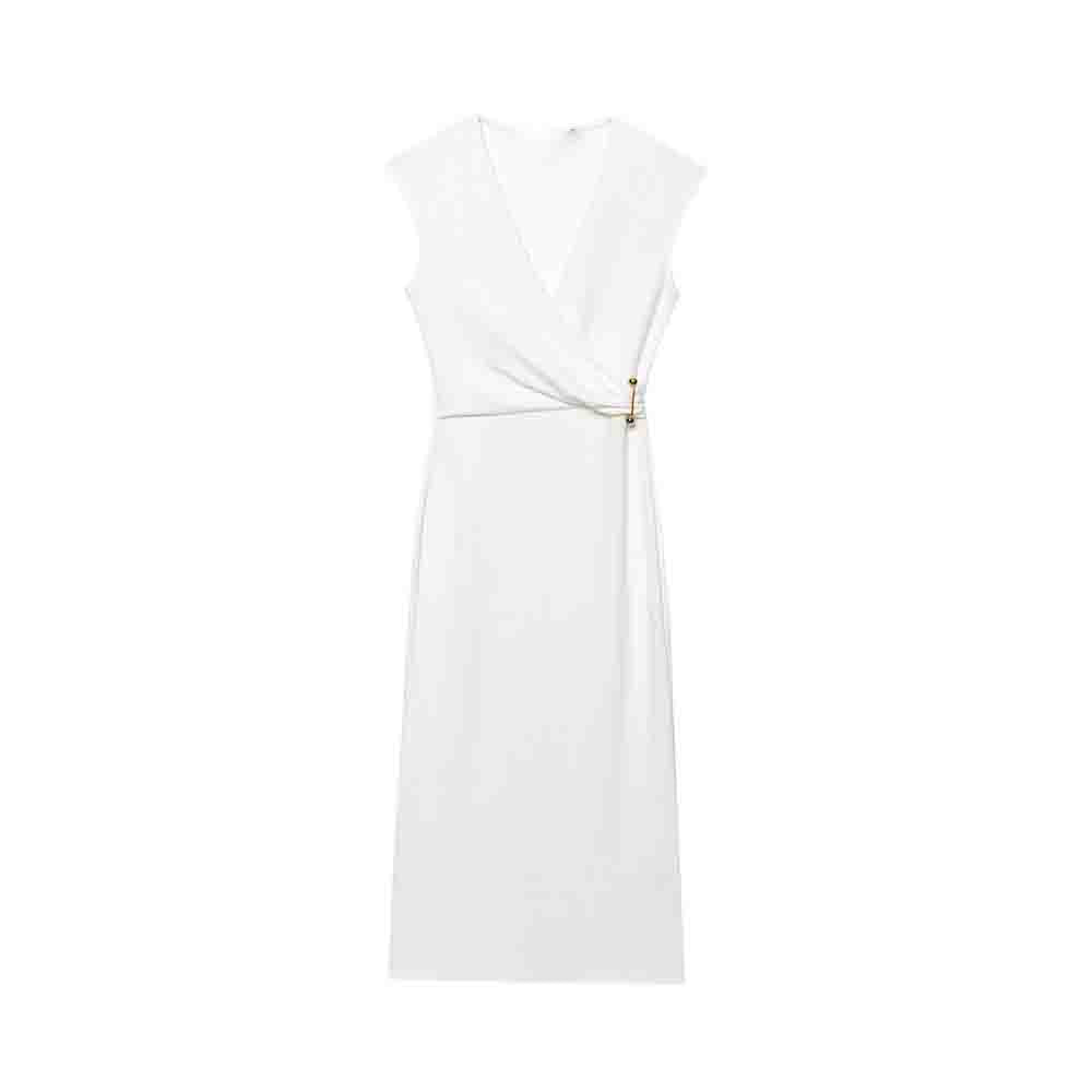 Women's new fashion pleated pin decoration slim V-neck sleeveless MIDI dress