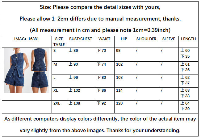 Women's New Fashion Joker Casual Sleeveless Denim Vest+high Waist Denim Shorts Suit