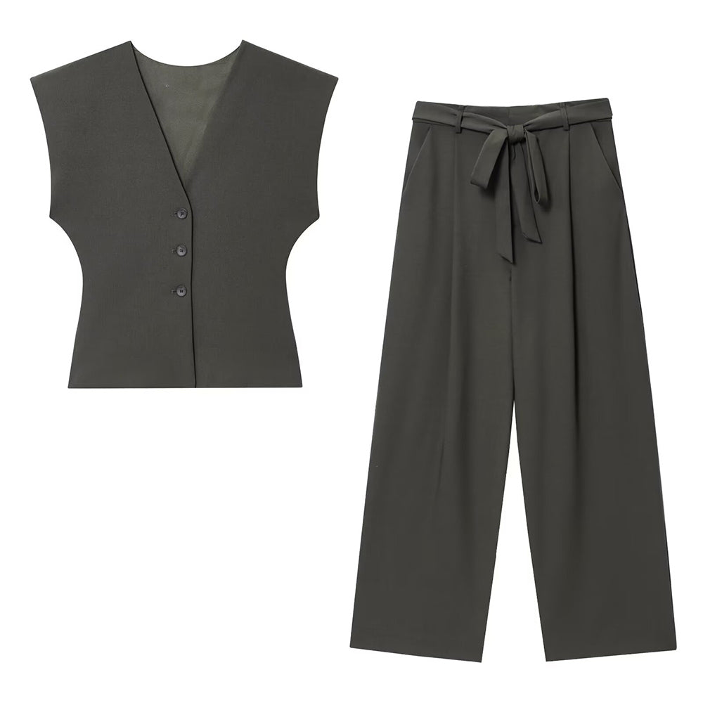 Women's new fashion slim V-neck Button-up vest+Pants suit