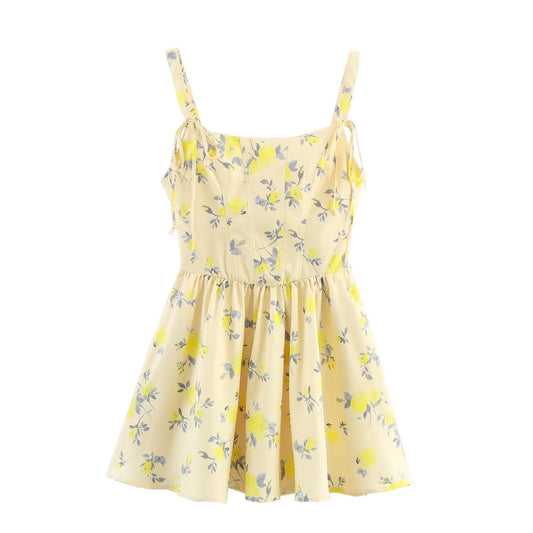 Women's New Fashion Flower Printed Poplin suspender Mini Dress