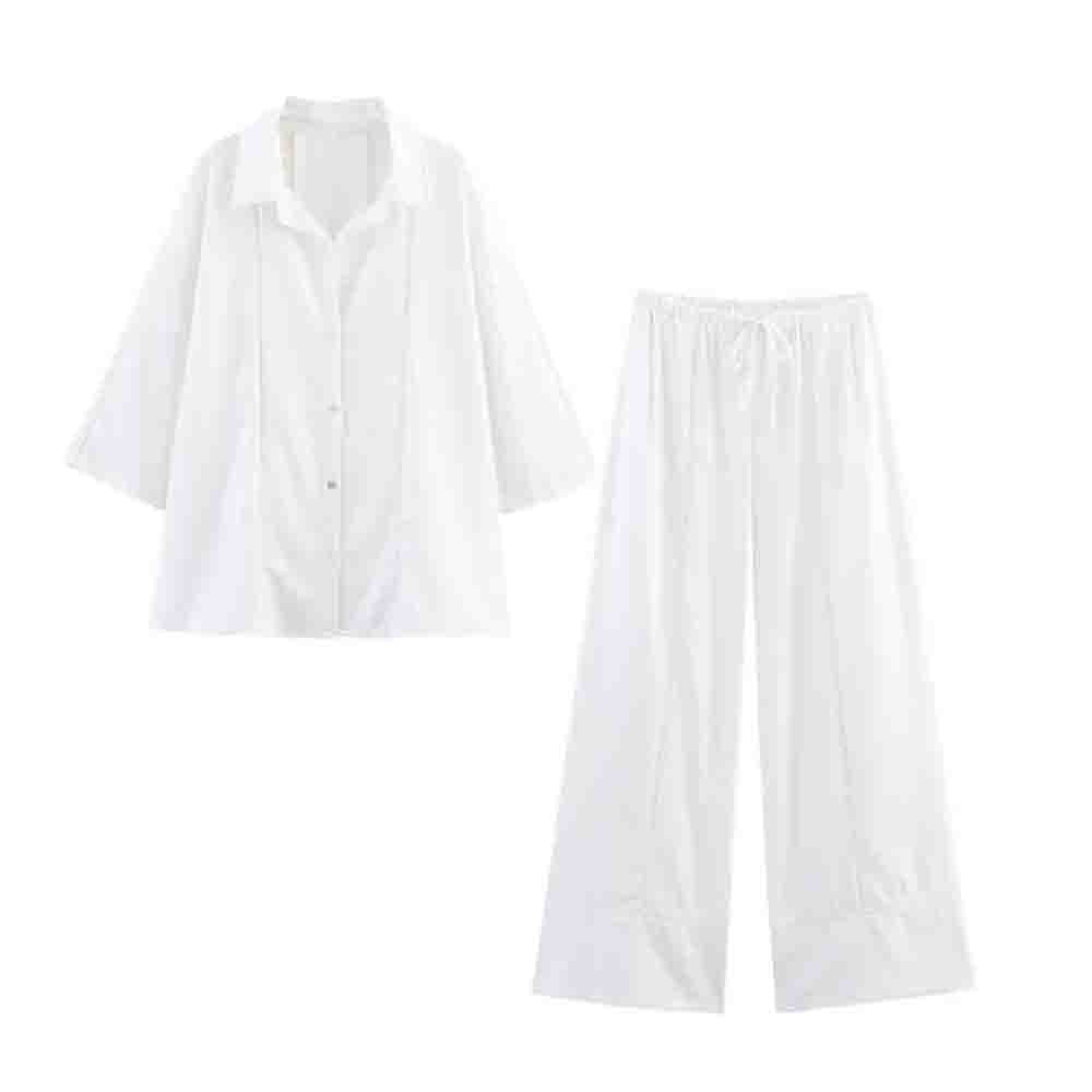 suit Women's 2 pieces new loose linen blend long sleeved shirt+Pants suit