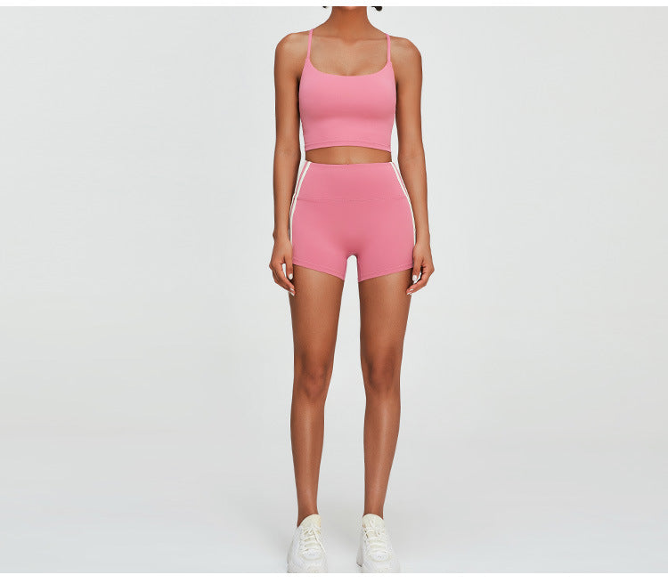 Women's New Suit Sports Bra Cross Vest Yoga Quick-drying Fitness Clothes+high Waist Tight Exercise Hip Yoga Shorts.