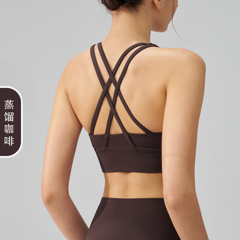 Women's new double-sided sanding cross back sports bra shockproof gathered yoga bra fitness vest