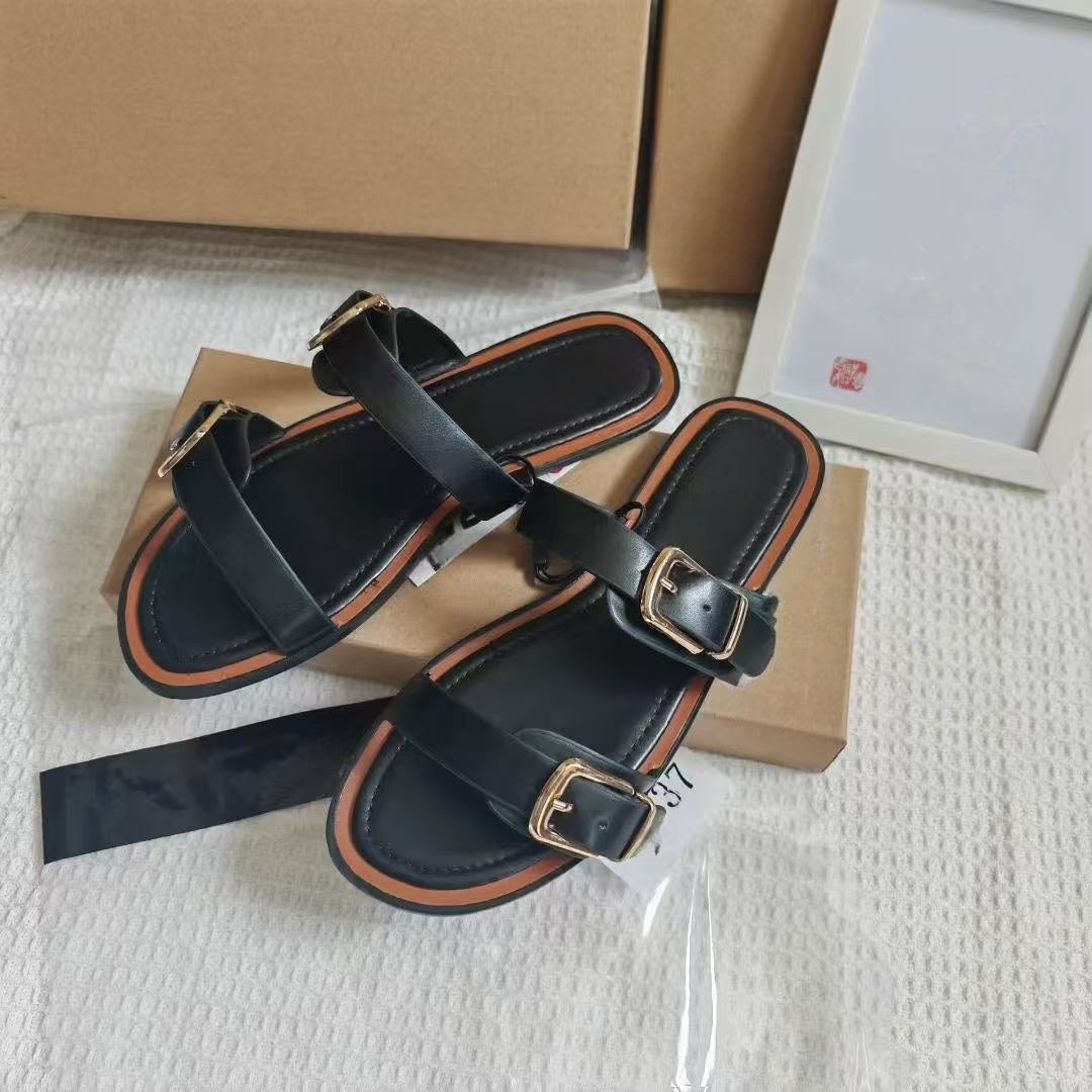 Women's New Fashion Casual Joker Double Flat Sandals Wearing Sandals Slippers.