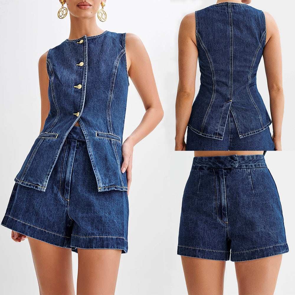 Women's New Fashion Joker Casual Sleeveless Denim Vest+high Waist Denim Shorts Suit