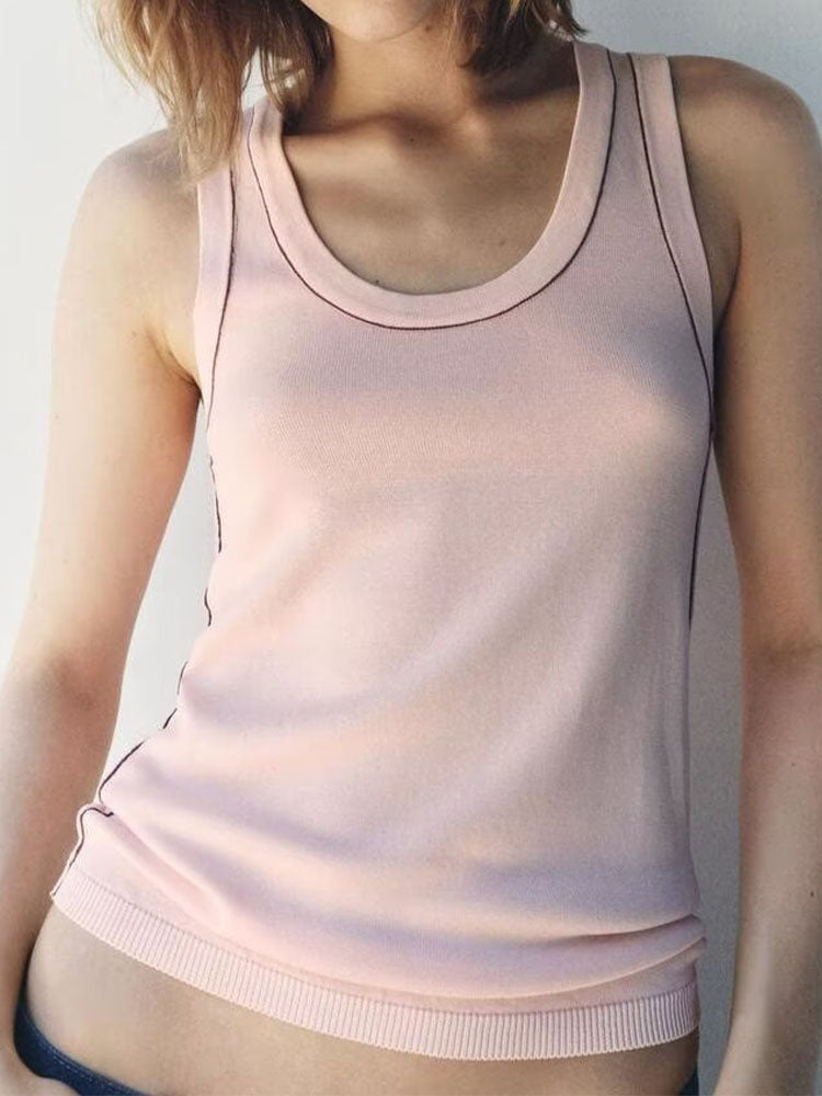 Women's 2025 chic and stylish contrast-trimmed plain needle sleeveless top vest