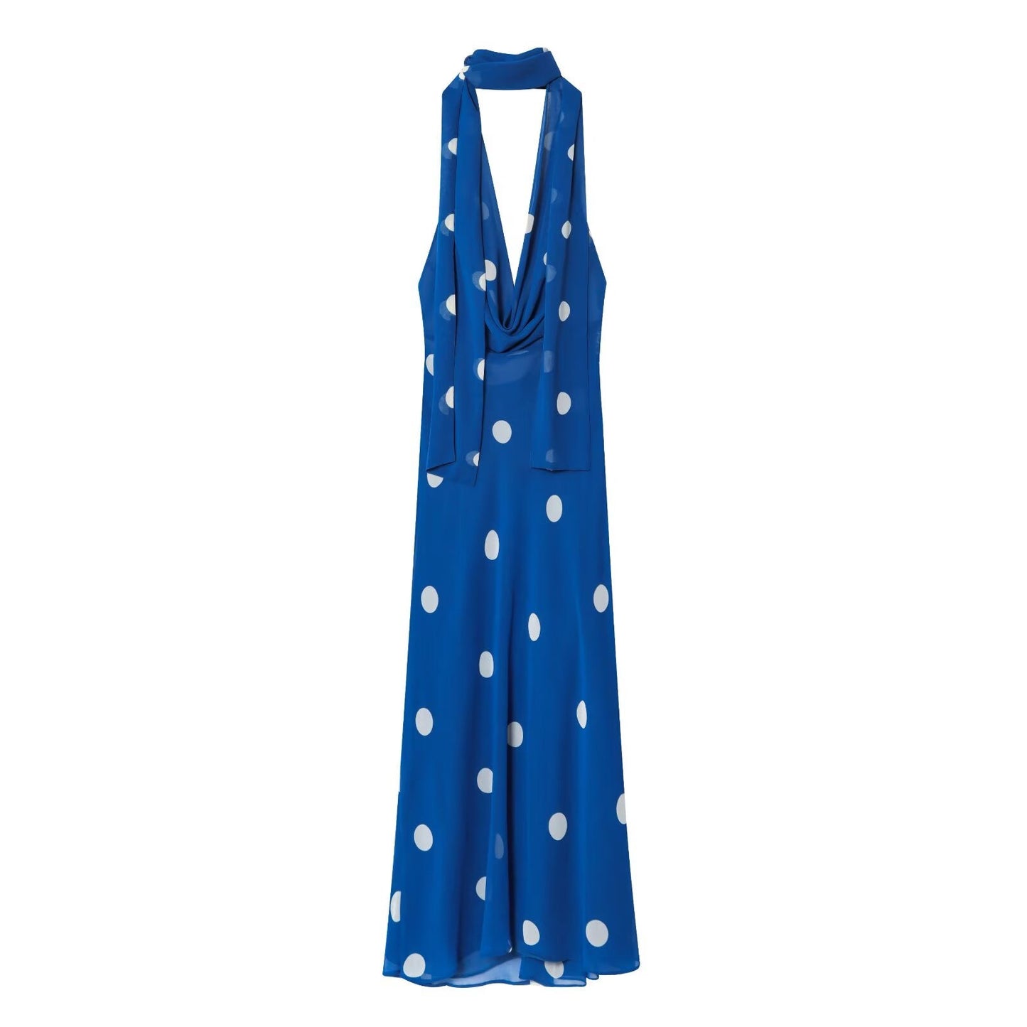 Women's new fashion with scarf polka dot print hanging neck MIDI dress