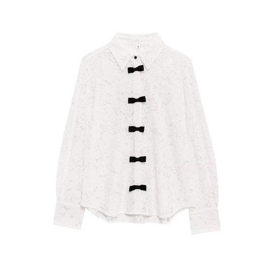 Women's bow decoration casual lapel lace shirt