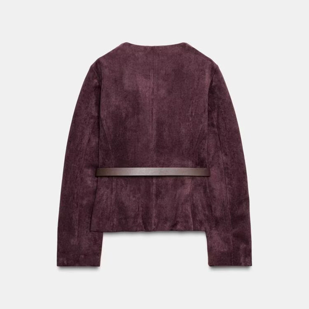 Women's new fashion with Belt suede texture effect O Neck suit jacket