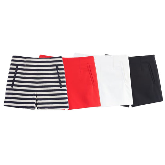 Women's chic Fashion side pocket high waist casual striped shorts