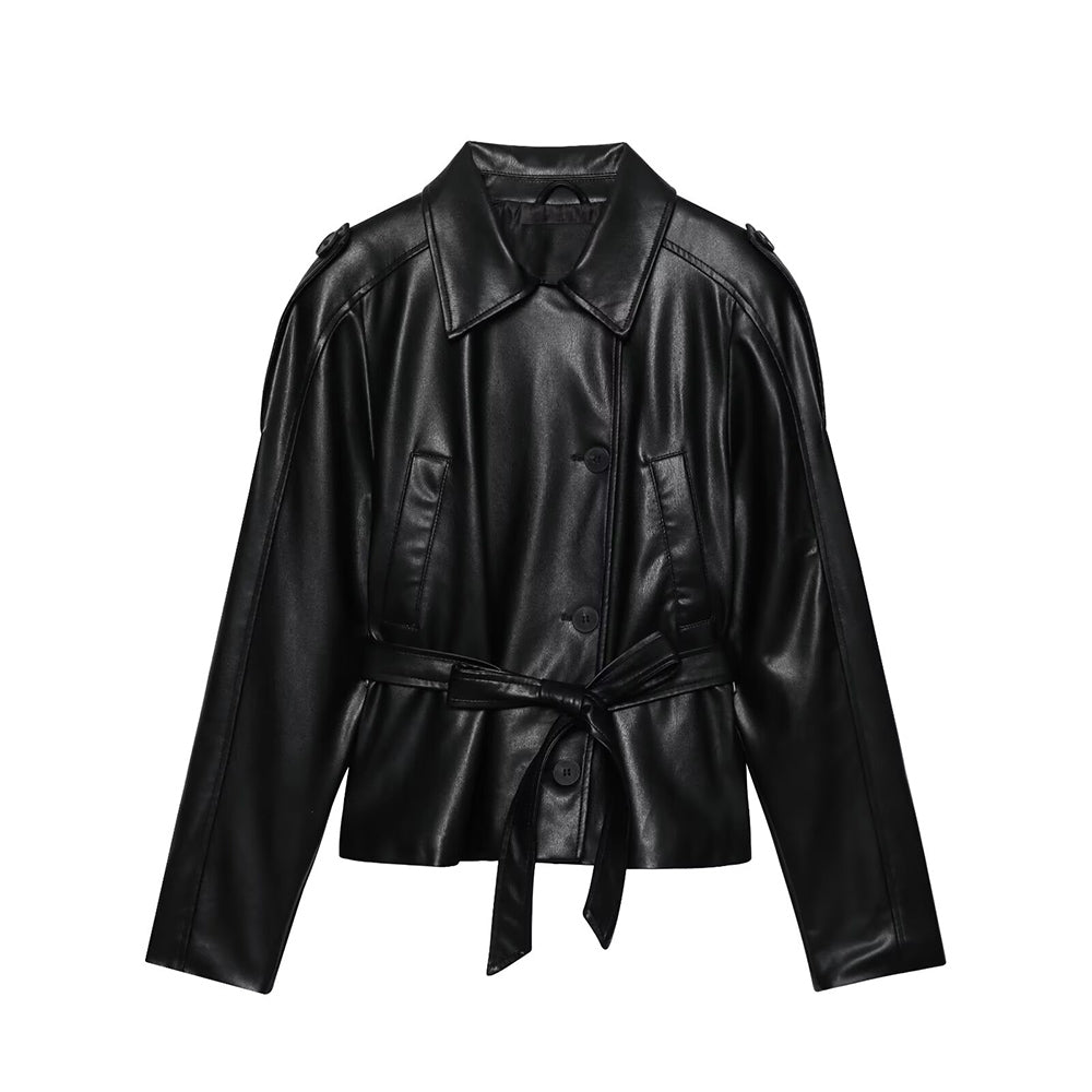 Women's new fashion with Belt short Faux Leather windbreaker Coat
