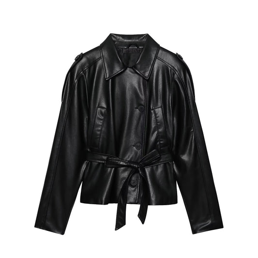 Women's new fashion with Belt short Faux Leather windbreaker Coat