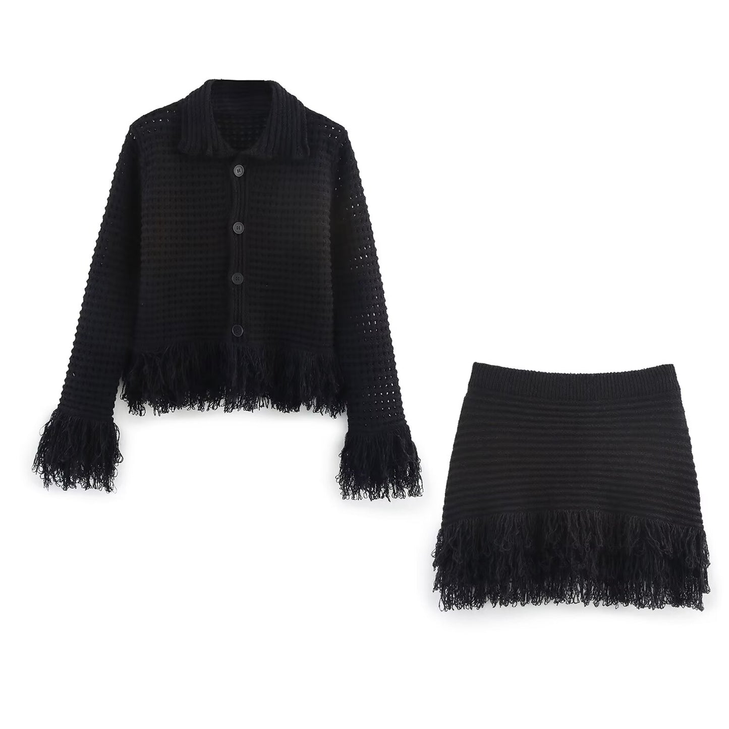 Women's new fashion tassel decoration slim plaid lapel long sleeved coat+Skirts Women's suit
