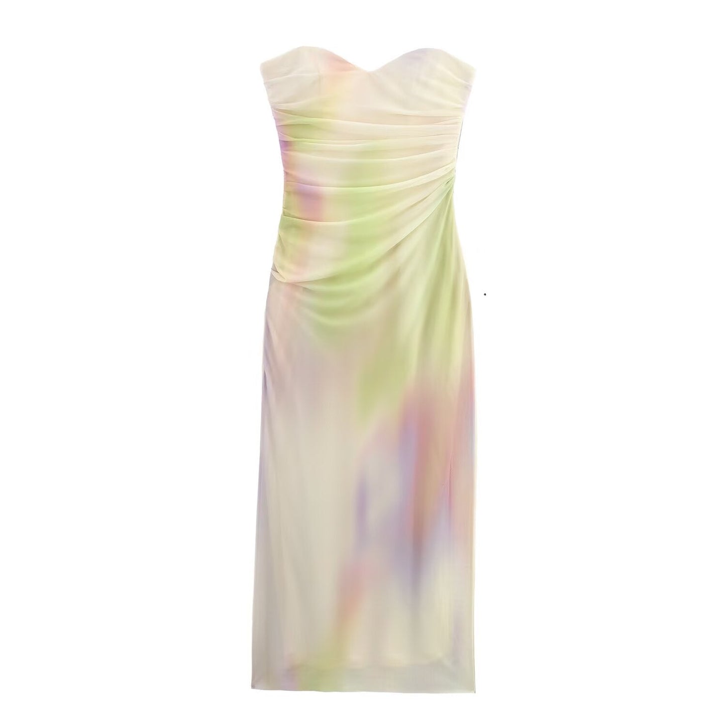 Women's summer new printed tulle strapless MIDI dress