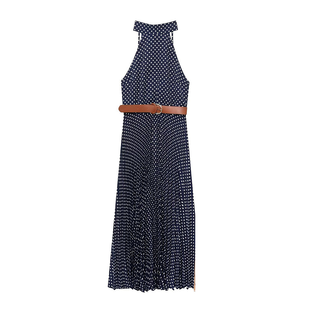 Women's chic fashion With Belt polka dot hanging neck MIDI dress