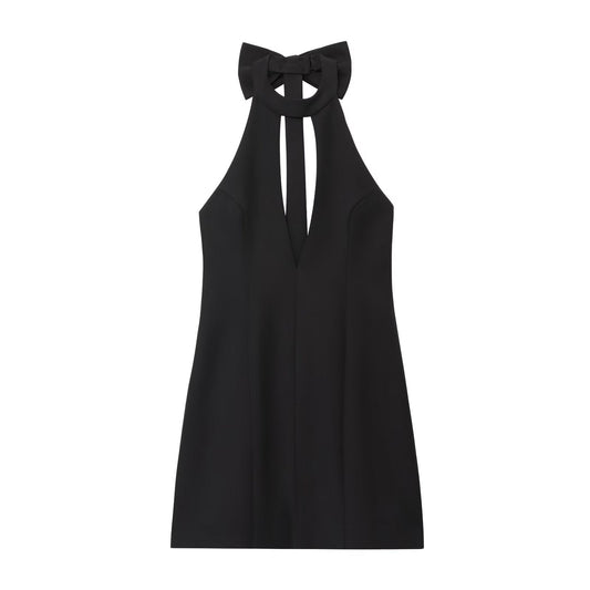 Women's new fashion bow decoration sexy hanging neck mini dress
