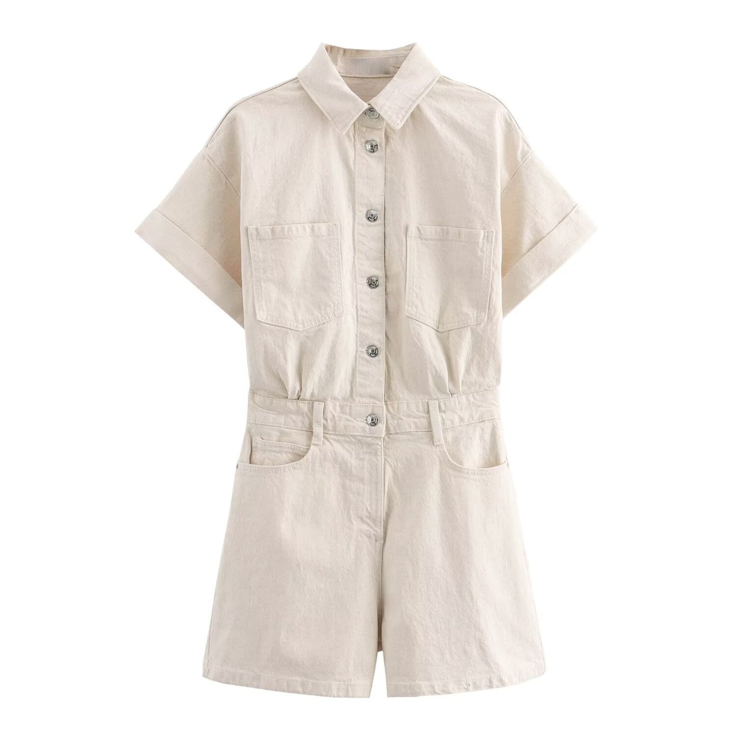 Women's new fashion short sleeved single breasted denim jumpsuit