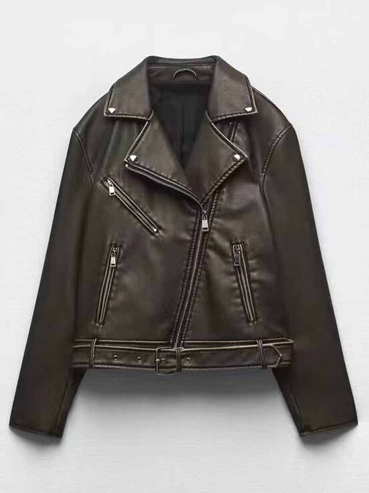 Women's 2025 new Fashion belt decoration casual versatile imitation leather jacket coat retro long sleeved zipper pocket women's coat chic top