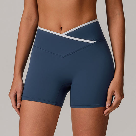 Women's New Fashion Joker Cross High Waist Yoga Tight Nude Hip-lifting Shorts Wearing Fitness Pants.