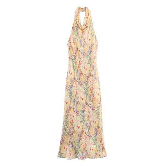 Women's new fashion flower print sleeveless hanging neck Midi Dress