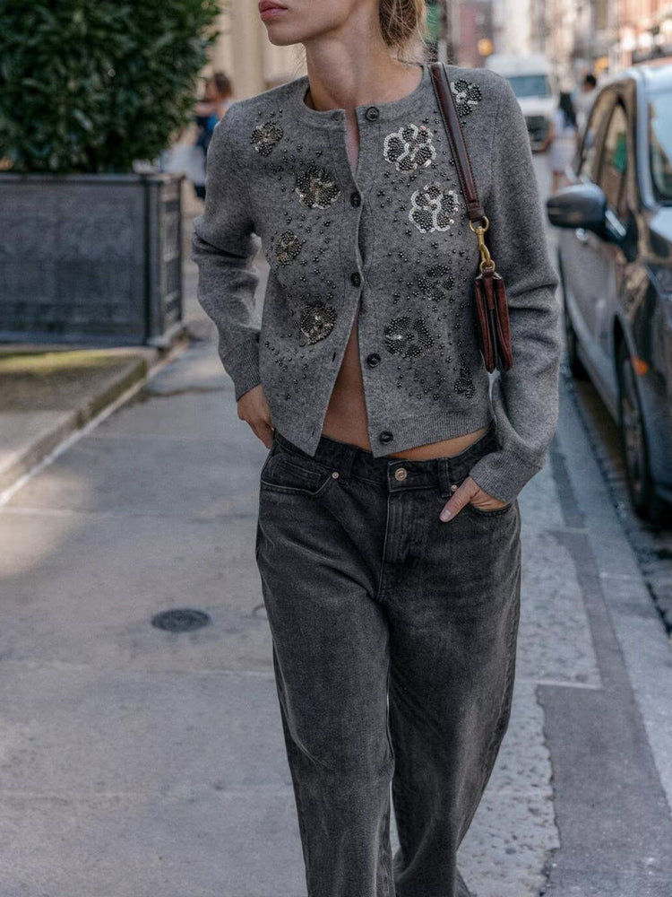 Women's new fashion bead decoration O Neck knitted Coat