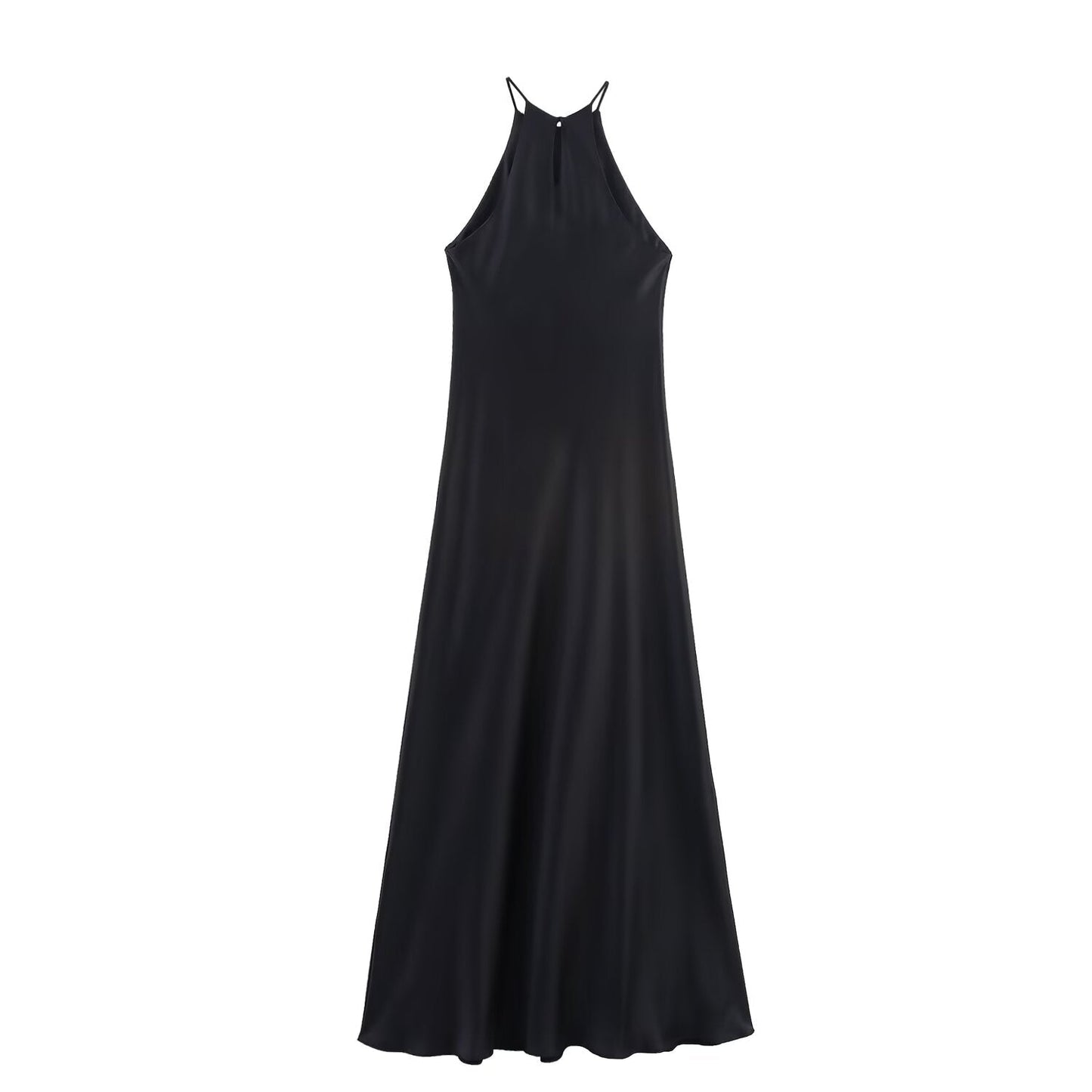 Women's New Fashion Black Satin Texture suspender Midi Dress
