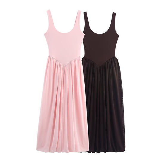 Women's New Fashion Sleeveless tulle Splicing Midi Dress