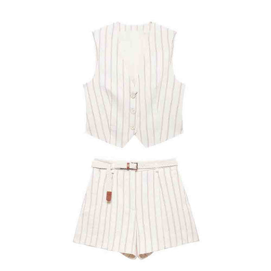 Women's new fashion striped single breasted V-neck vest+shorts