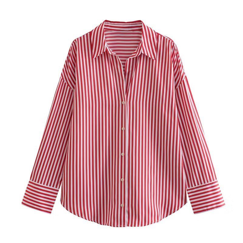 Women's new fashion loose basic style multi-color versatile poplin shirt casual striped shirt retro long sleeved button up women's shirt chic top