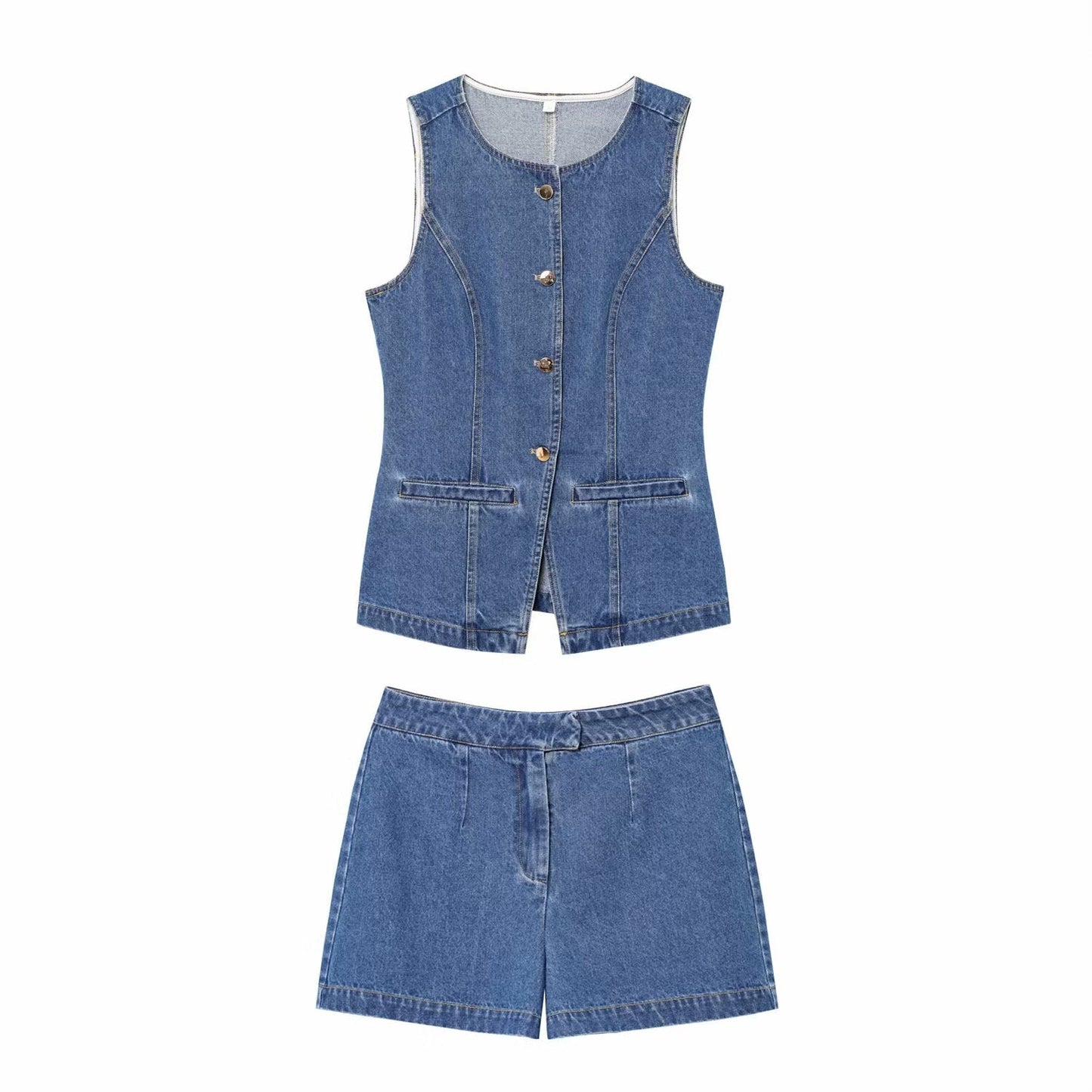 Suit women's 2-piece 2025 sleeveless denim vest retro women+shorts women's suit