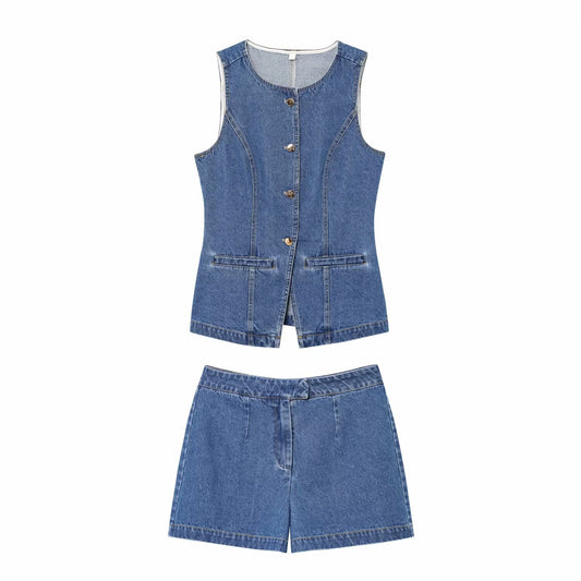 Suit women's 2-piece 2025 sleeveless denim vest retro women+shorts women's suit