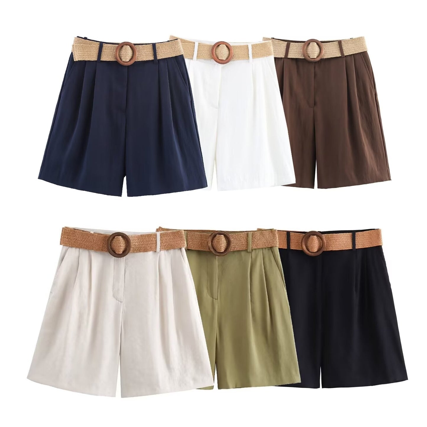 Women's' new fashion with Belt loose side pocket casual pleated shorts
