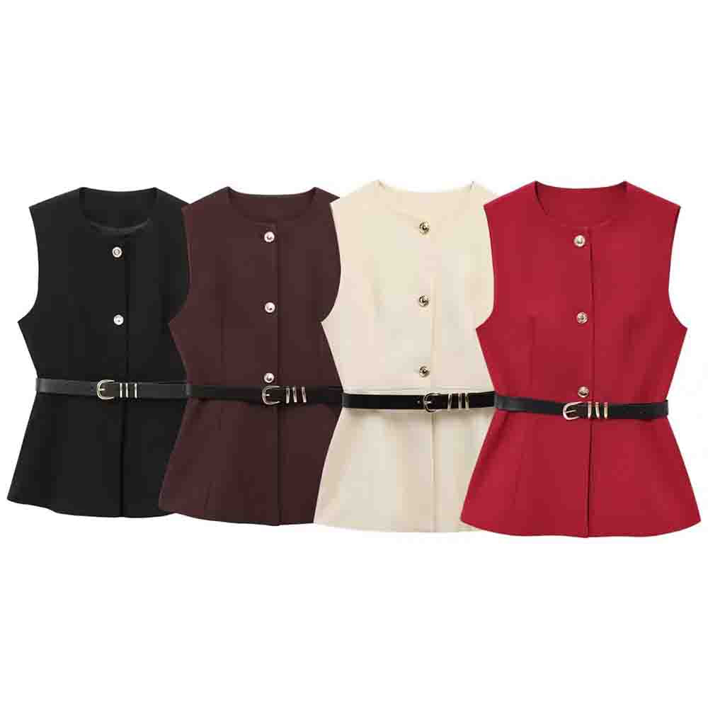 Women's new fashion with Belt casual single breasted O-Neck vest+Pants Women's suit
