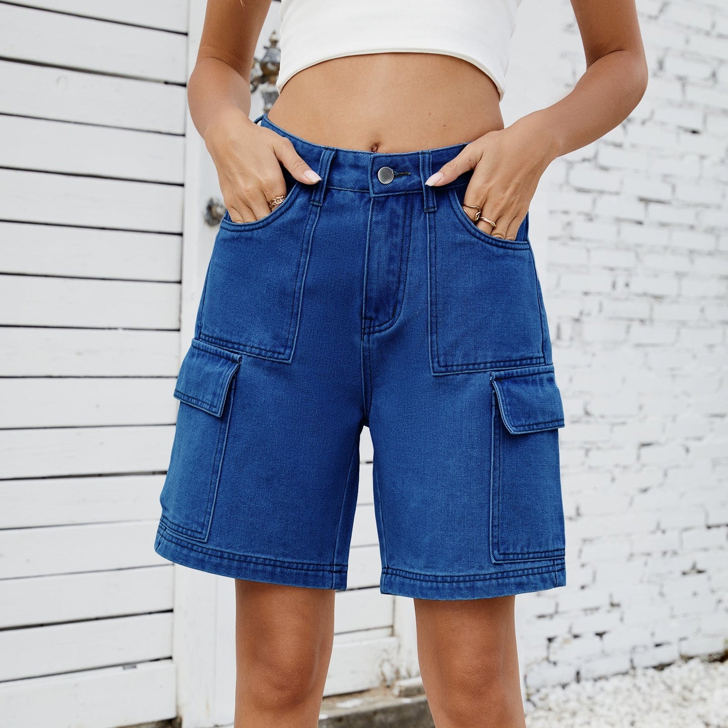New street fashion washed workwear denim shorts
