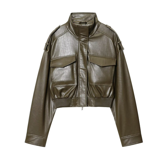 Women's new fashion faux leather effect short stand collar jacket Coat
