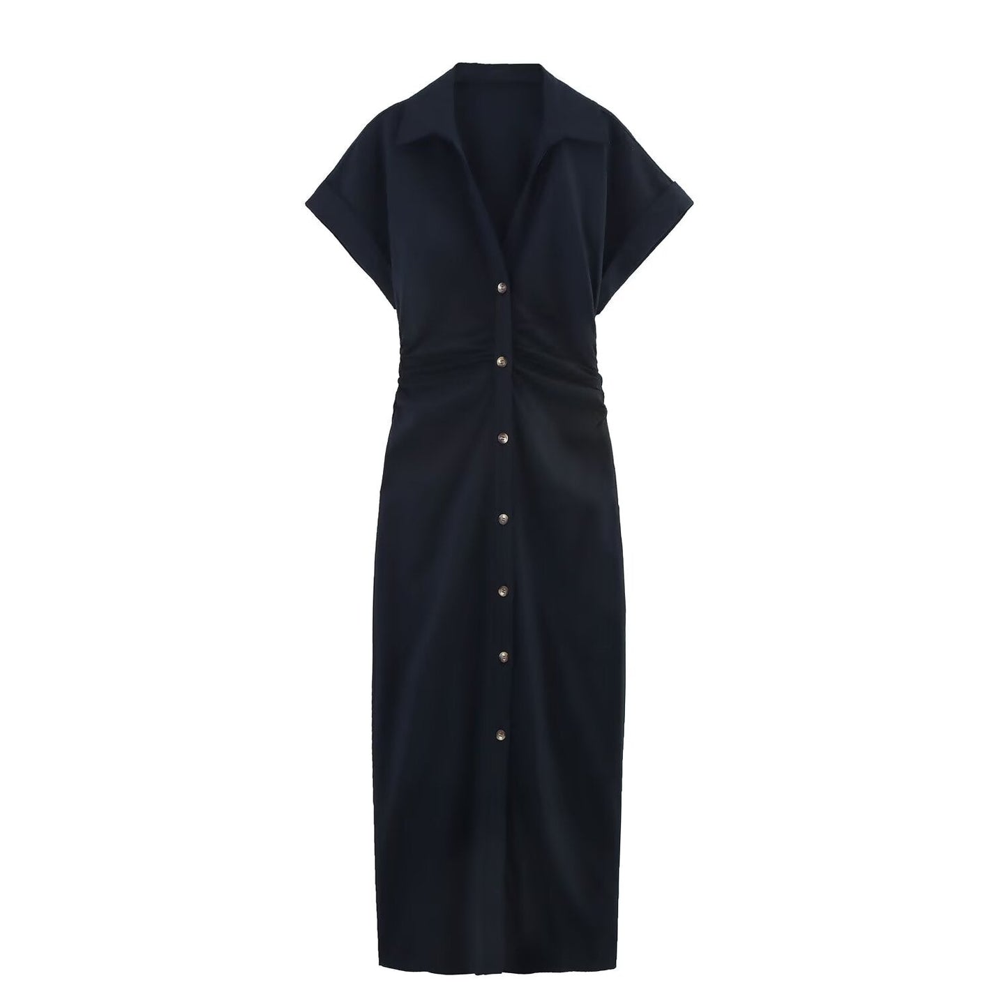 Women's new chic fashion pleated decoration slim single breasted linen blended MIDI dress retro short sleeved women's dress