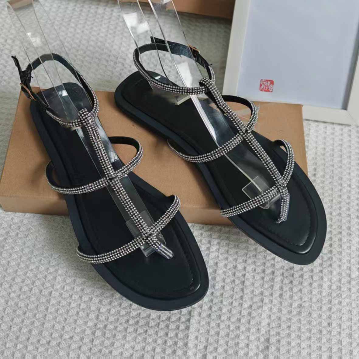 Women's New Casual Joker Toe Rhinestone Snake-wound Flat Sandals